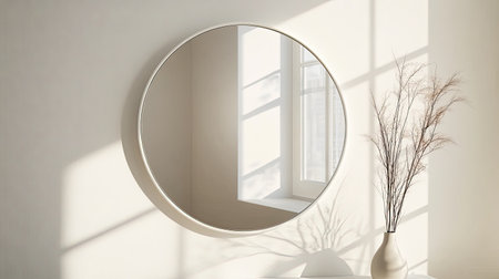 Wall-mounted mirror reflecting a stylish interior, with blank space for copy.の素材