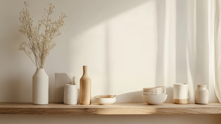 Wooden shelf with neatly arranged decor items, with ample space for copy on a plain background.の素材