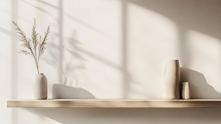 Stylish shelf with decorative items, with ample room for text on a simple background.の素材
