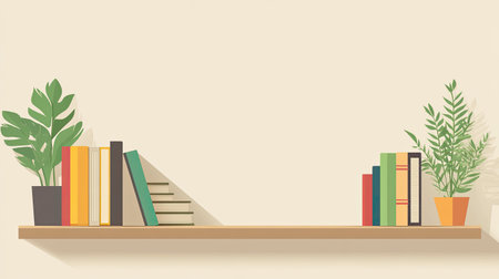 Simple shelf with books and plants, with ample space for text on a plain background.の素材