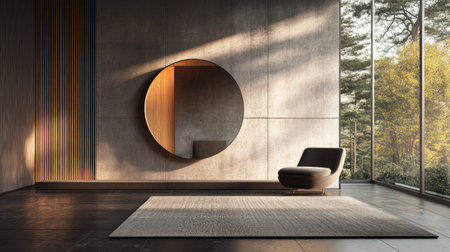 Wall mirror reflecting a modern room, with ample space for copy on the surrounding wall.の素材