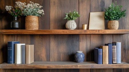 Wooden shelf with decor items and books, with copy space available.の素材