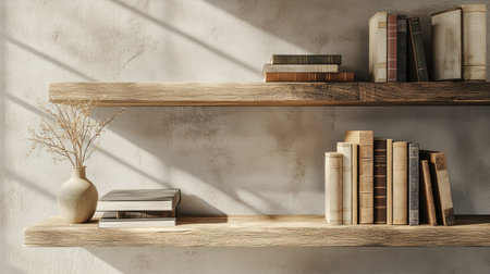 Wooden shelf with books and decor, plenty of room for text on a simple background.の素材