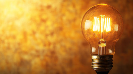 Vintage-style light bulb glowing warmly, with plenty of copy space.の素材