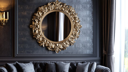 Wall mirror with a decorative frame, ample room for text on the surrounding wall.の素材