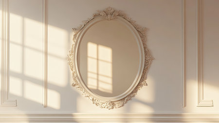 Wall mirror with a decorative frame, ample room for text on the surrounding wall.の素材