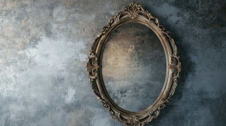 Wall mirror with a decorative frame, ample room for text on the surrounding wall.の素材