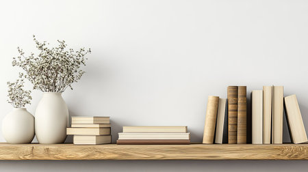 Wooden shelf with decor items and books, with ample room for copy on a plain .の素材
