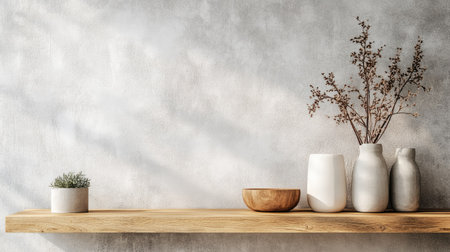 Wooden shelf with neatly organized items, with plenty of space for copy on a plain background.の素材