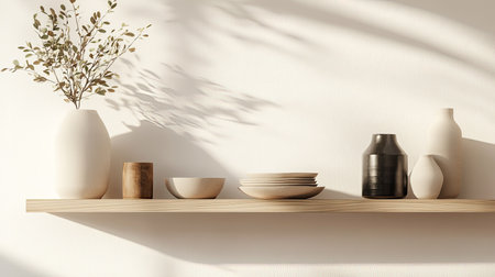 Stylish shelf with decorative items, ample room for text on a simple background.の素材