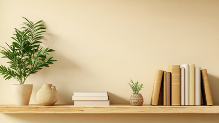 Wooden shelf with decor items and books, with ample room for copy on a plain .の素材