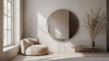 Wall-mounted mirror reflecting a modern interior, with ample space for copy.の素材