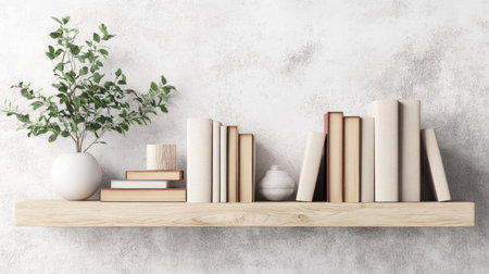 Wooden shelf with books and decor, plenty of room for text on a simple background.の素材