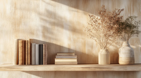Wooden shelf with decor items and books, with ample room for copy on a plain .の素材