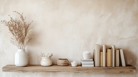 Wooden shelf with neatly organized items, with blank space for copy on a plain background.の素材