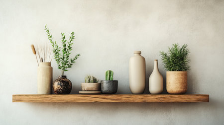 Wooden shelf with neatly arranged decor items, with ample space for copy on a plain background.の素材
