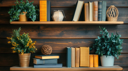 Wooden shelf with decor items and books, with copy space available.の素材