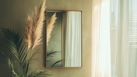 Wall-mounted mirror reflecting a modern room, copy space on the surrounding wall.の素材