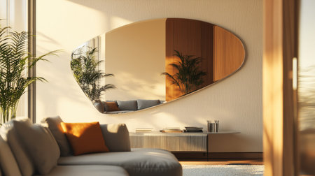 Wall-mounted mirror reflecting a modern interior, with ample space for copy.の素材