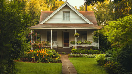 A cozy country house with a front porch and lush surroundings, space for copyの素材