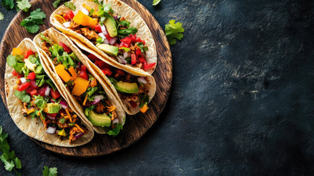 A vibrant taco platter with fresh toppings and ingredients, space for branding or textの素材