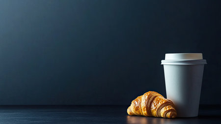 A coffee cup with a croissant on the side, with open space for copyの素材