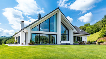 A charming modern house with large windows and a spacious lawn, plenty of sky for copy space, no peopleの素材