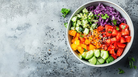 A vibrant poke bowl with fresh ingredients, with copy space on the sideの素材