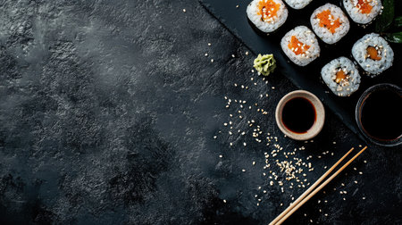 A flat lay of a fresh sushi platter with soy sauce and wasabi, ample space for textの素材