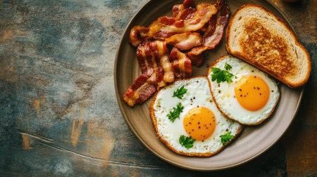 A flat lay of a hearty breakfast with eggs, bacon, and toast, with room for copyの素材