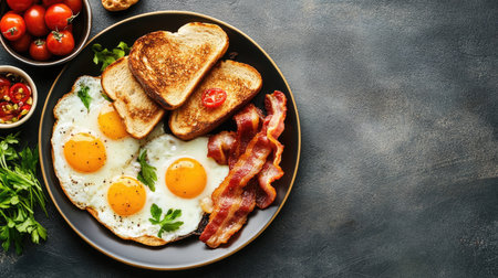 A flat lay of a hearty breakfast with eggs, bacon, and toast, with room for copyの素材