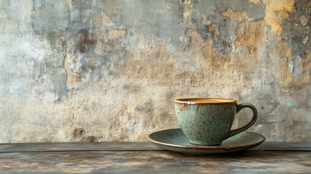 A coffee cup with a saucer on a rustic background, with room for copyの素材