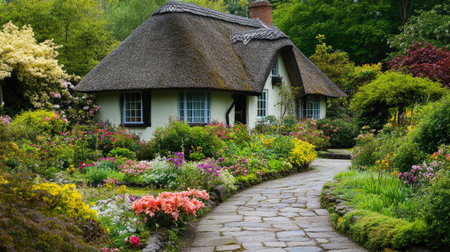 Charming cottage with a thatched roof, flowering garden, and stone path. No people. Text spaceの素材