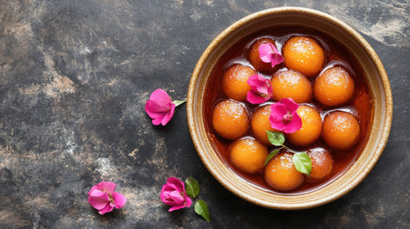 Flat lay of Indian gulab jamun dessert with rose syrup. Ample copy space.の素材