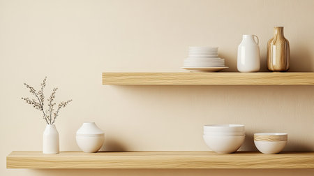 Shelves with neatly organized items, copy space available on a plain background.の素材