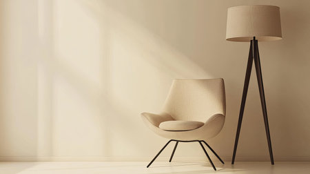 Contemporary chair with a soft cushion, placed beside a floor lamp, blank space for text.の素材