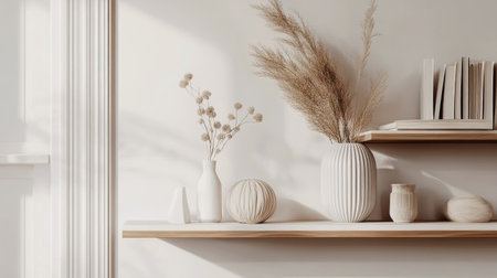 Stylish shelf unit with decor, plenty of room for text on a simple wall.の素材