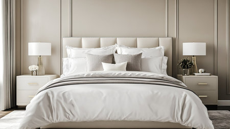 Bed with luxurious bedding and bedside lamps, with space for text on a neutral wall.の素材