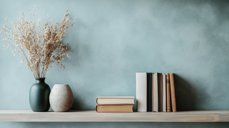Simple shelf with decor and books, copy space available on a plain background.の素材