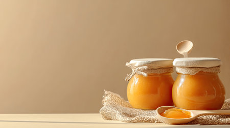 Baby food jars with a spoon and bib, space for brandingの素材