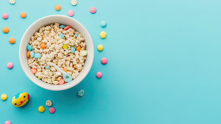 Top view of baby cereal with a spoon and small toy, space for textの素材