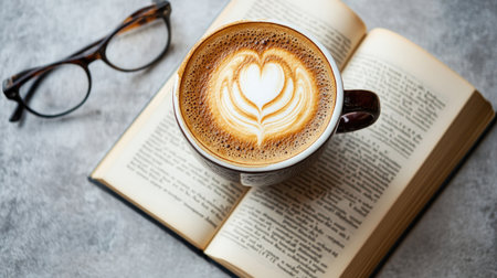 Top view of a cappuccino with a book and glasses, space for copyの素材