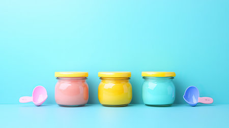 Baby food jars with a spoon and pacifier, ample room for brandingの素材