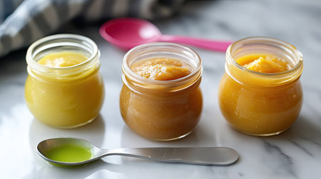 Baby food jars with a spoon and bib, space for brandingの素材