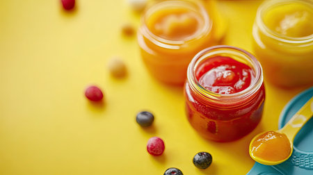 Baby food jars with a spoon and bib, space for brandingの素材