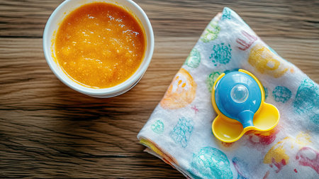 Baby food with a pacifier and napkin, ample room for copyの素材