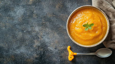 Baby puree in a bowl with a small toy, ample room for brandingの素材