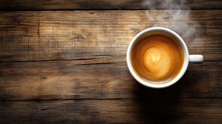 Top view of a steaming cup of coffee with free space for text on a wooden tableの素材