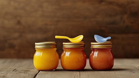 Baby food jars with a spoon and pacifier, ample room for brandingの素材