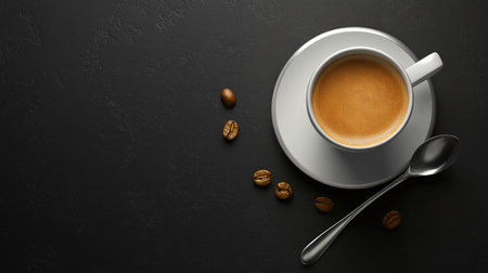 Top view of an espresso with a spoon, space for branding or text besideの素材